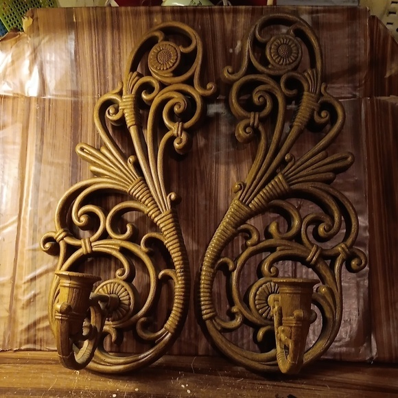 Vintage 1970s Homco Home Interiors Syroco wall sconce candle holder set - Picture 1 of 4